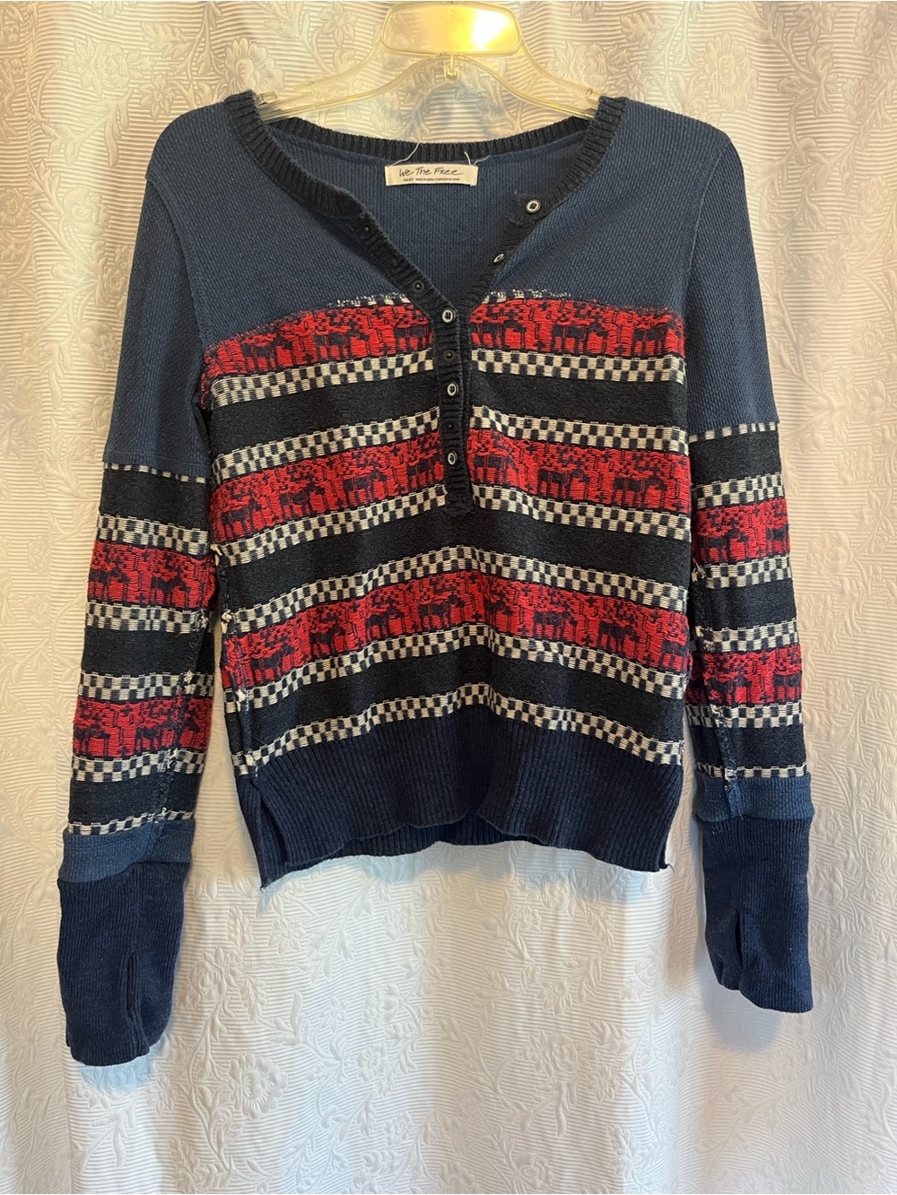 Free People Striped Knit Henley Sweater with Red Pattern Moose